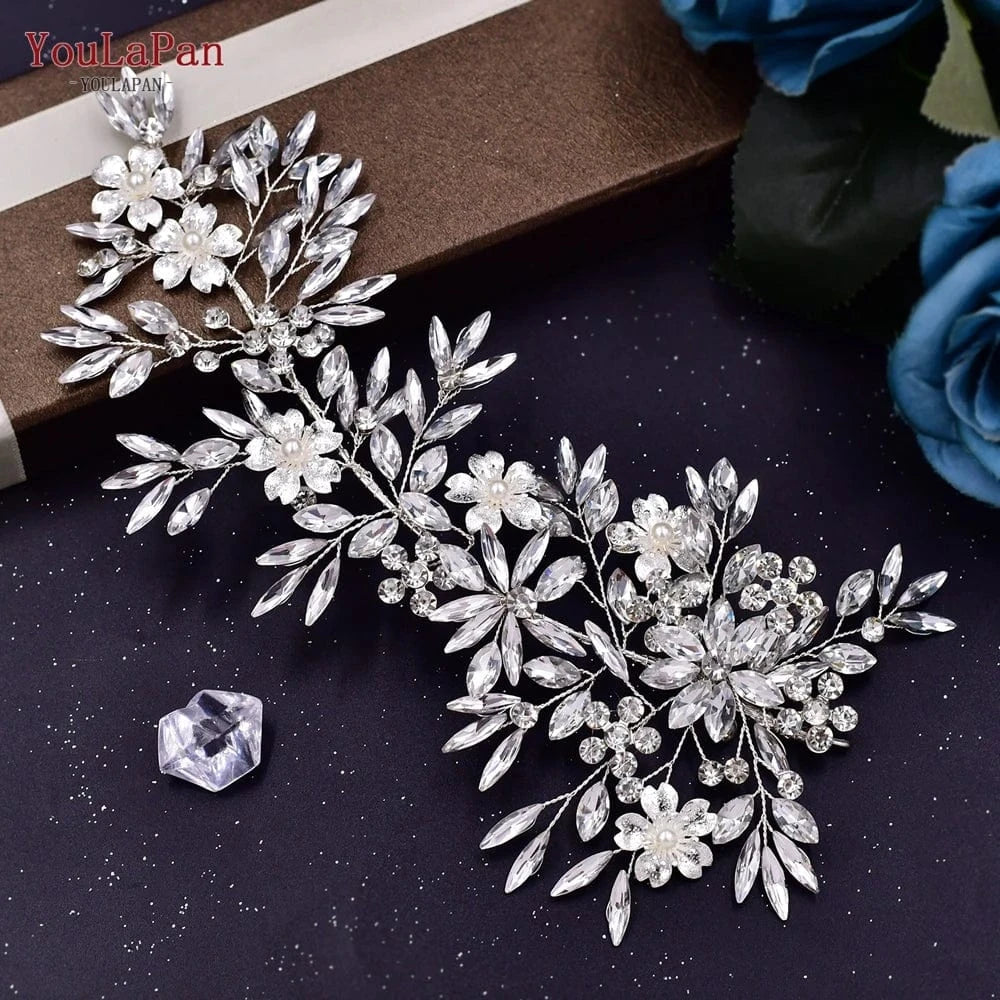silver YouLaPan HP289 Bridal Wedding Hair Accessories Silver Rhinestone Flower Long Headwear Women Party Evening Side Headpiece