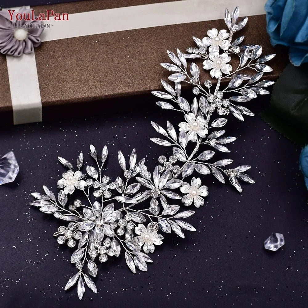 silver YouLaPan HP289 Bridal Wedding Hair Accessories Silver Rhinestone Flower Long Headwear Women Party Evening Side Headpiece