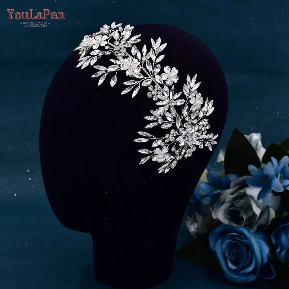 silver YouLaPan HP289 Bridal Wedding Hair Accessories Silver Rhinestone Flower Long Headwear Women Party Evening Side Headpiece