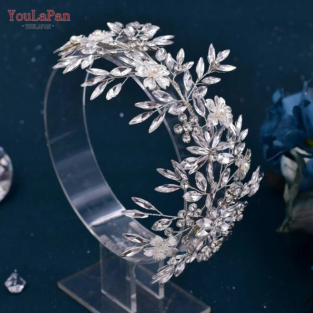 silver YouLaPan HP289 Bridal Wedding Hair Accessories Silver Rhinestone Flower Long Headwear Women Party Evening Side Headpiece