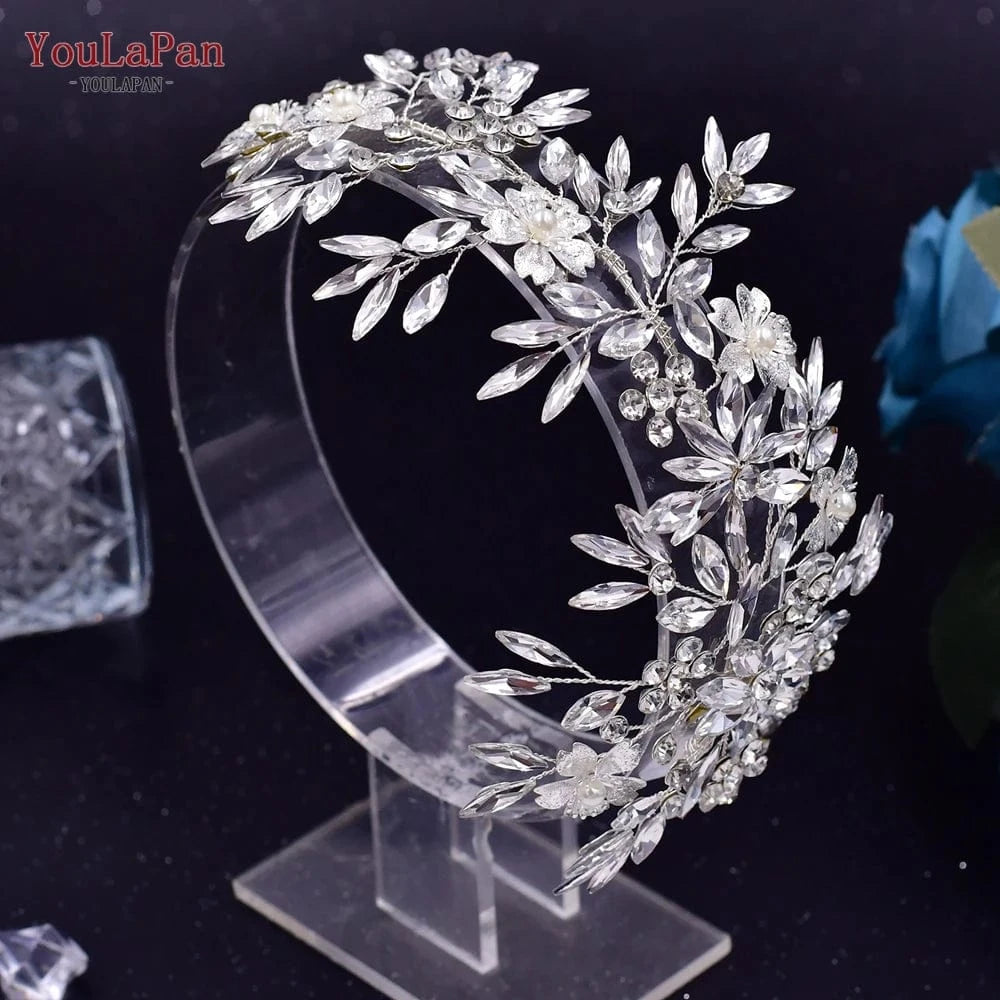 silver YouLaPan HP289 Bridal Wedding Hair Accessories Silver Rhinestone Flower Long Headwear Women Party Evening Side Headpiece