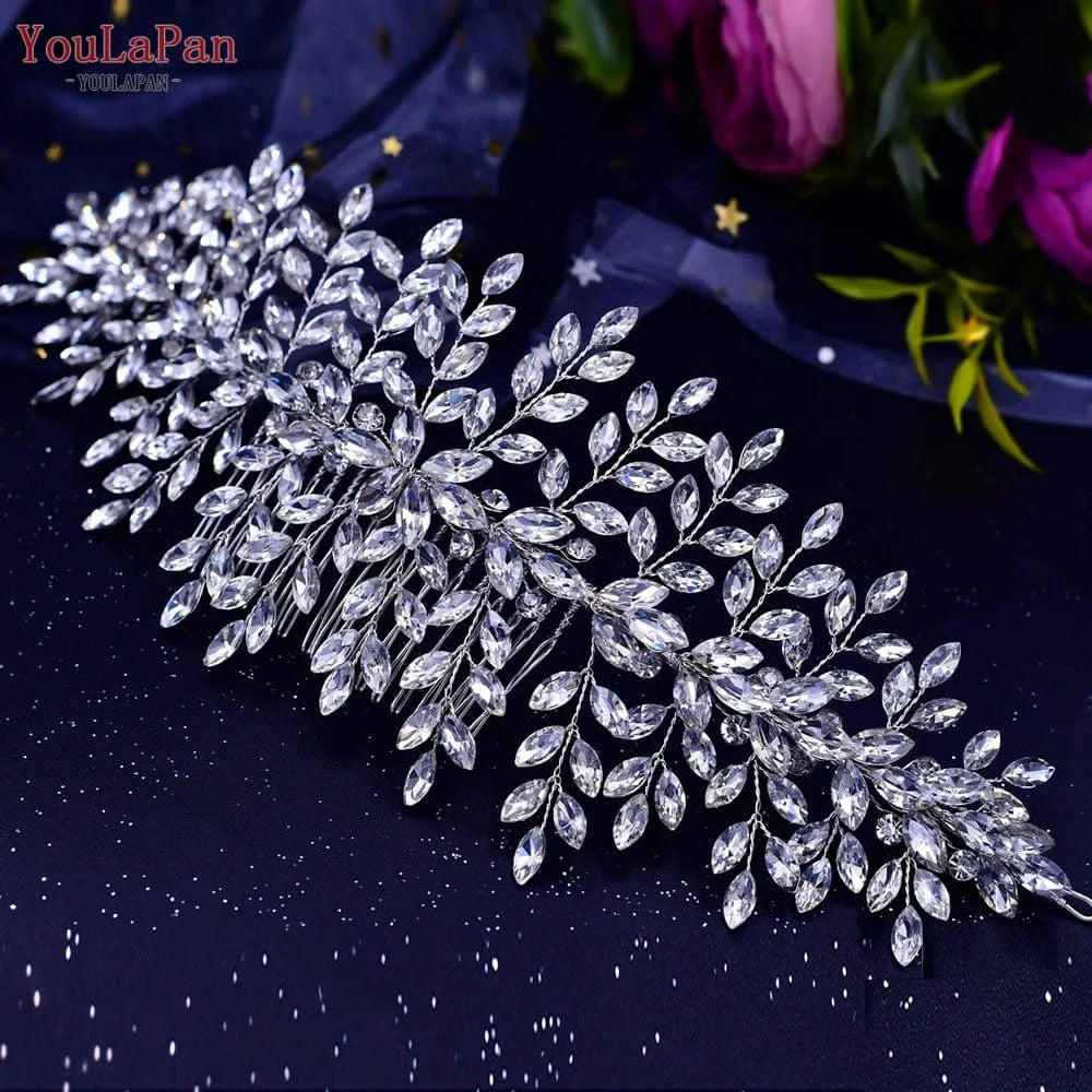 silver YouLaPan HP311 Hot Sale Bridal Headpiece Handmade Rhinestone Shuttle Hair Accessories with Hair Combs Women Wedding Headwear