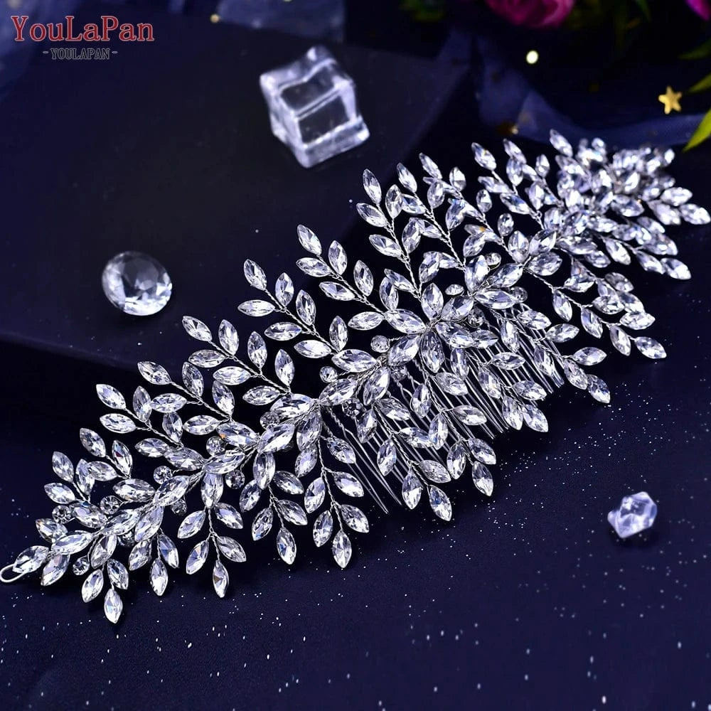 silver YouLaPan HP311 Hot Sale Bridal Headpiece Handmade Rhinestone Shuttle Hair Accessories with Hair Combs Women Wedding Headwear