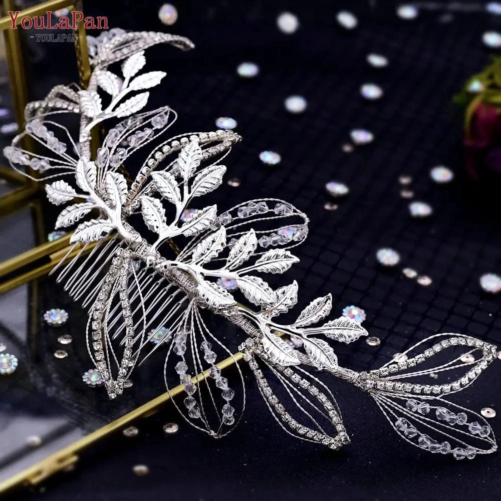 Silver YouLaPan HP316 Under $5 Long Woman Hair Slice Gold Silver Alloy Leaves Side Comb Bridal Wedding Hair Accessories
