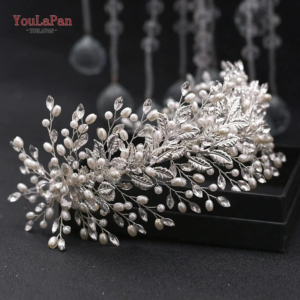 silver Youlapan HP322 Silver Rhinestone Headband Headpiece Wide Bridal Hair Pieces Wedding Crown Leaves Headwear Tiara Pearl for Women