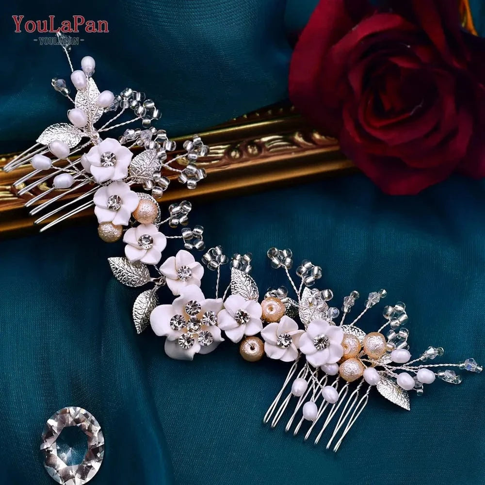Silver YouLaPan HP337 White Flower Hair Jewelry for Wedding Accessories , Sparking Crystal Rhinestone Bridal Hair Comb, Women Tiaras