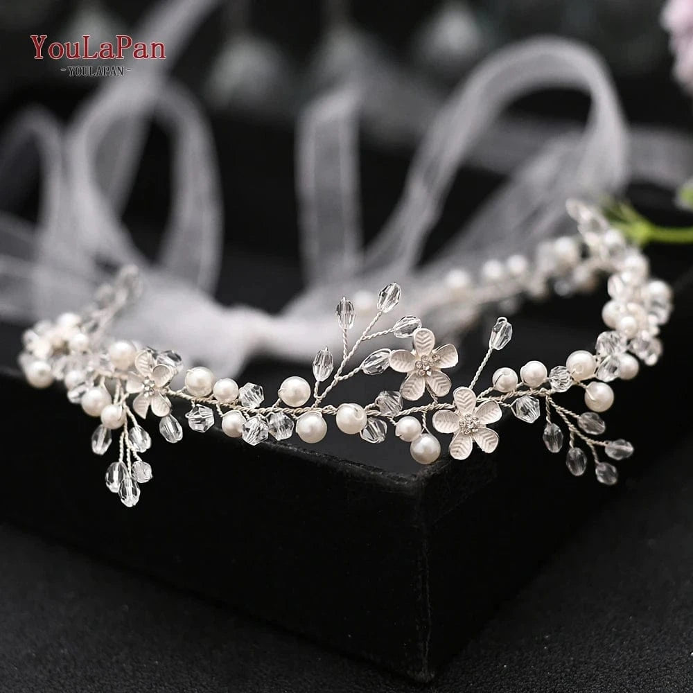 Silver YouLaPan HP347 Sweet Girl Hair Chain Alloy Flower Pearl Crystal Hair Vine with Long Ribbon Party Wedding Bridesmaid Headwear