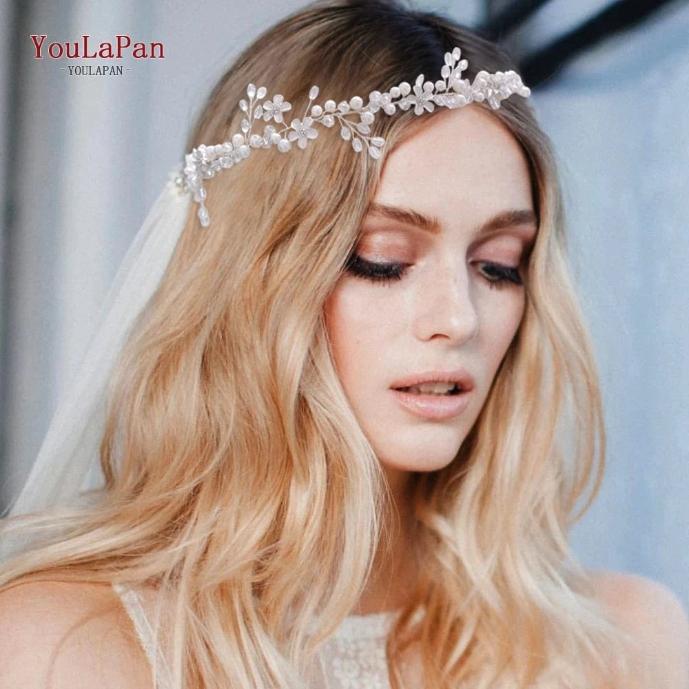 Silver YouLaPan HP347 Sweet Girl Hair Chain Alloy Flower Pearl Crystal Hair Vine with Long Ribbon Party Wedding Bridesmaid Headwear