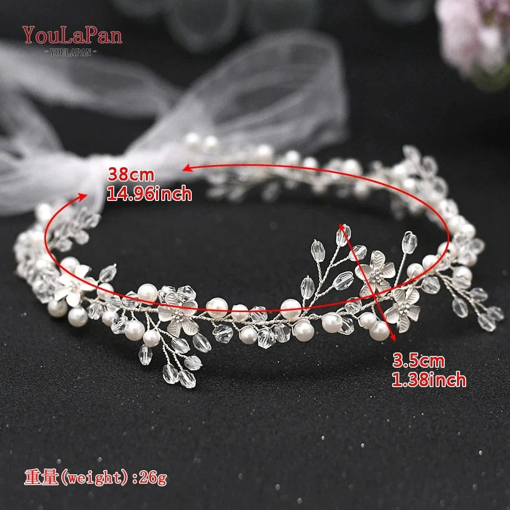 Silver YouLaPan HP347 Sweet Girl Hair Chain Alloy Flower Pearl Crystal Hair Vine with Long Ribbon Party Wedding Bridesmaid Headwear