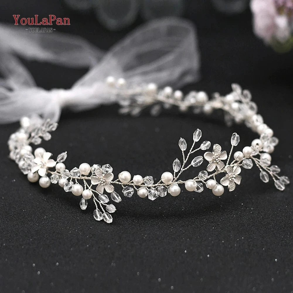 Silver YouLaPan HP347 Sweet Girl Hair Chain Alloy Flower Pearl Crystal Hair Vine with Long Ribbon Party Wedding Bridesmaid Headwear