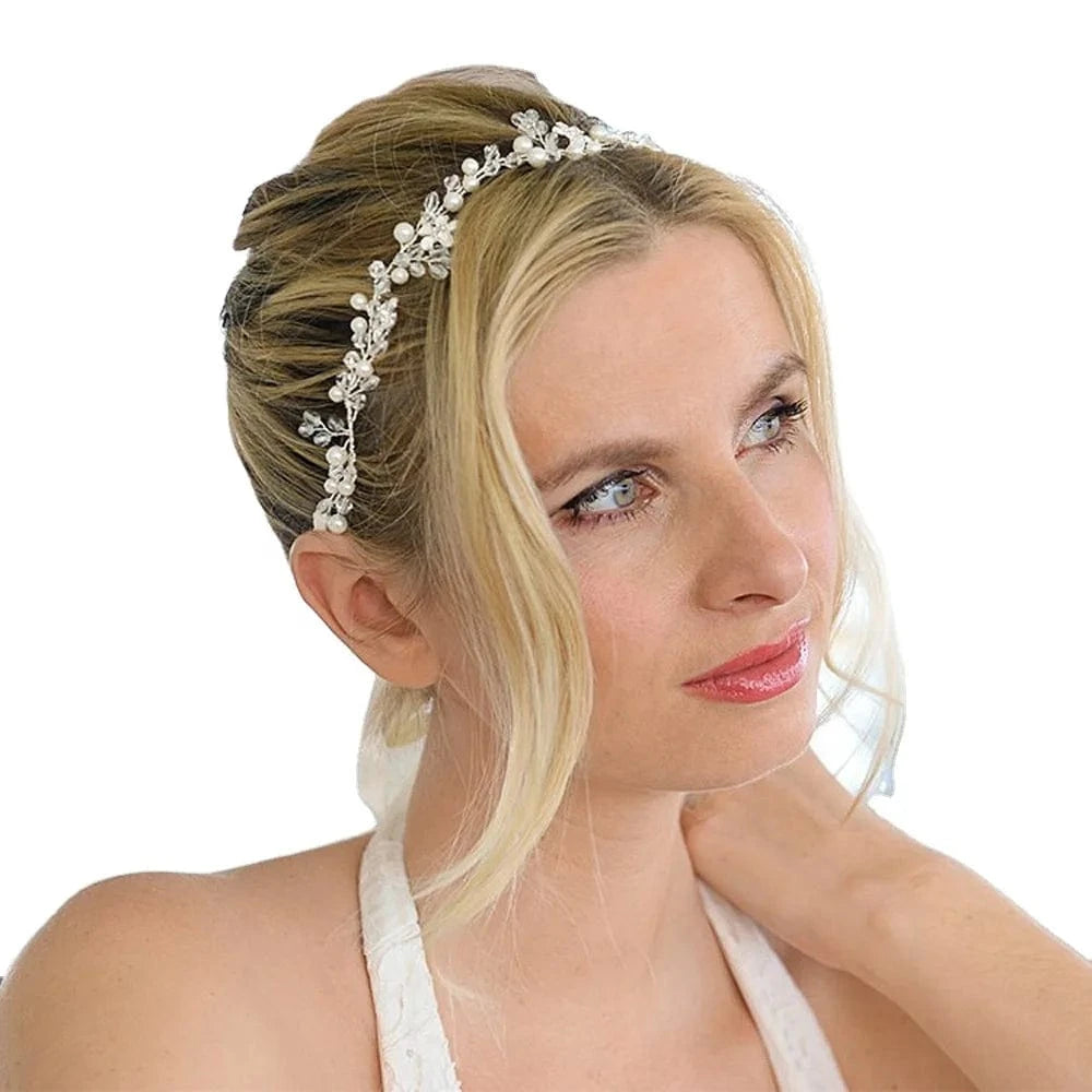 Silver YouLaPan HP347 Sweet Girl Hair Chain Alloy Flower Pearl Crystal Hair Vine with Long Ribbon Party Wedding Bridesmaid Headwear