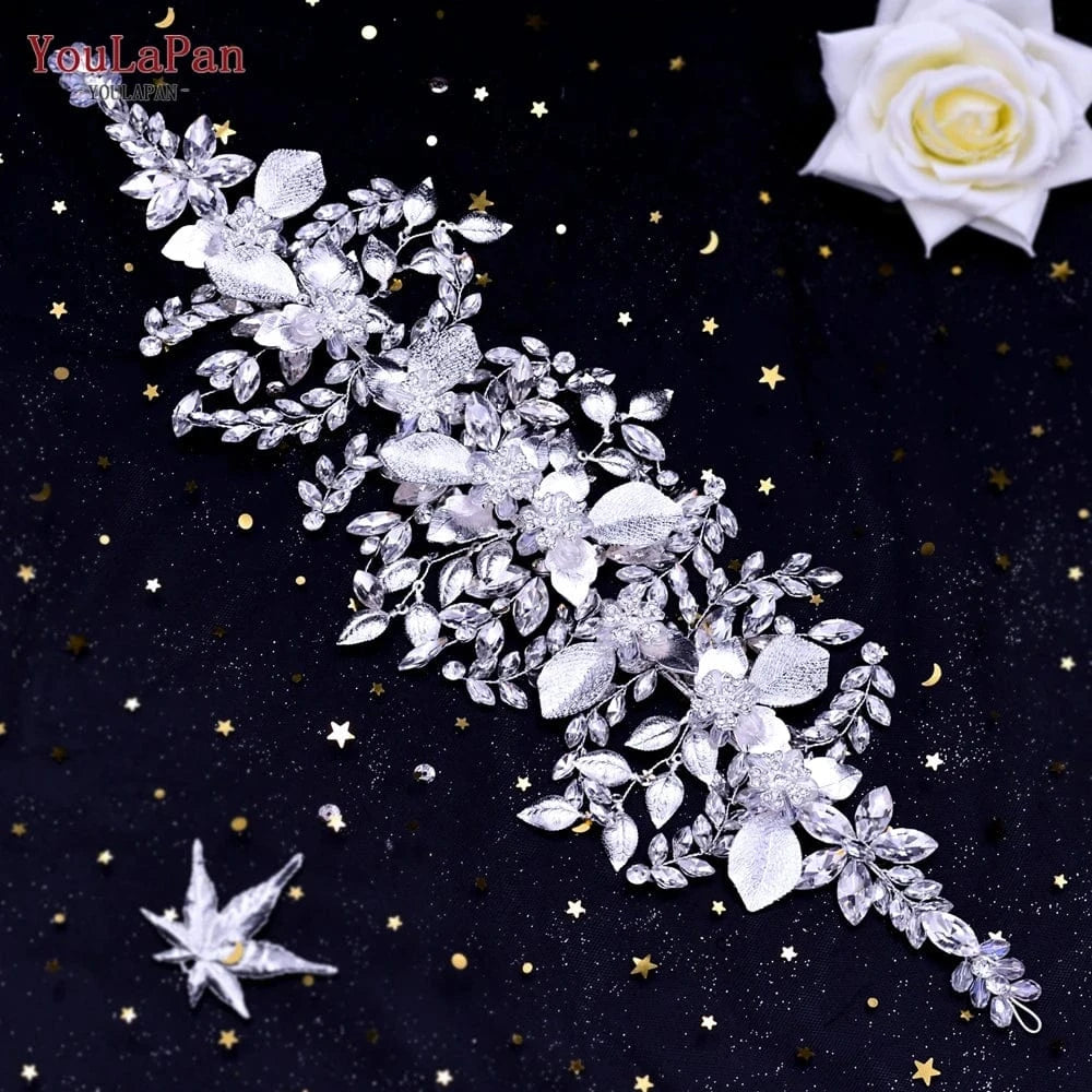 Silver Youlapan HP391 Boutique Woman Hair Bands Shiny Rhinestone Alloy Leaf Bridal Hair Accessories Wedding Party Large Hair Piece