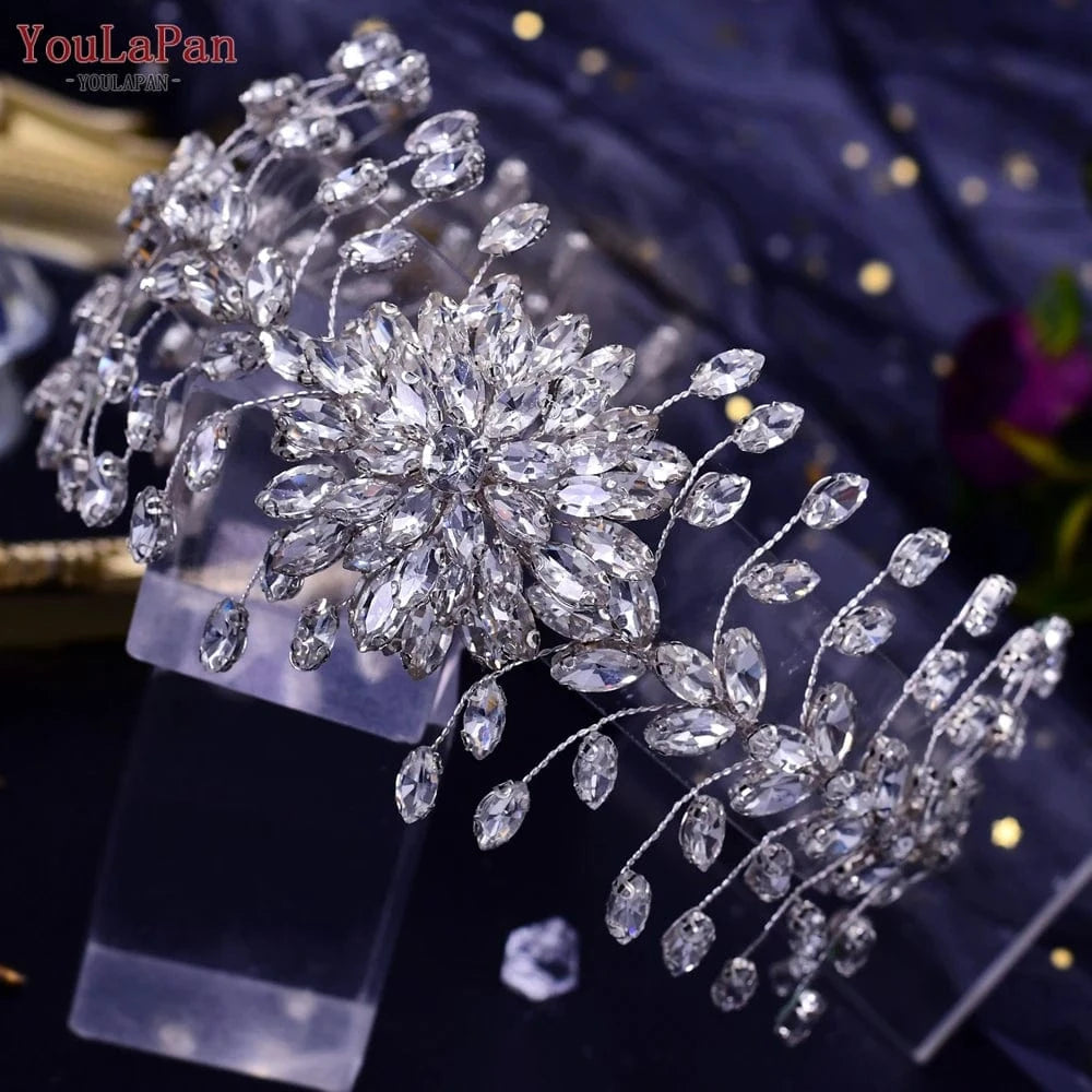Silver Youlapan HP417 Fashion Rhinestone Flower Bridal Headdress Shiny Silver Party Wedding Headband Woman Headwear
