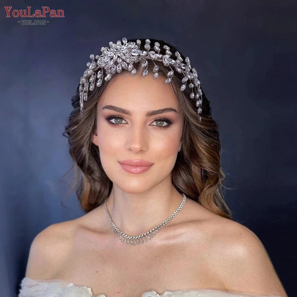 Silver Youlapan HP417 Fashion Rhinestone Flower Bridal Headdress Shiny Silver Party Wedding Headband Woman Headwear