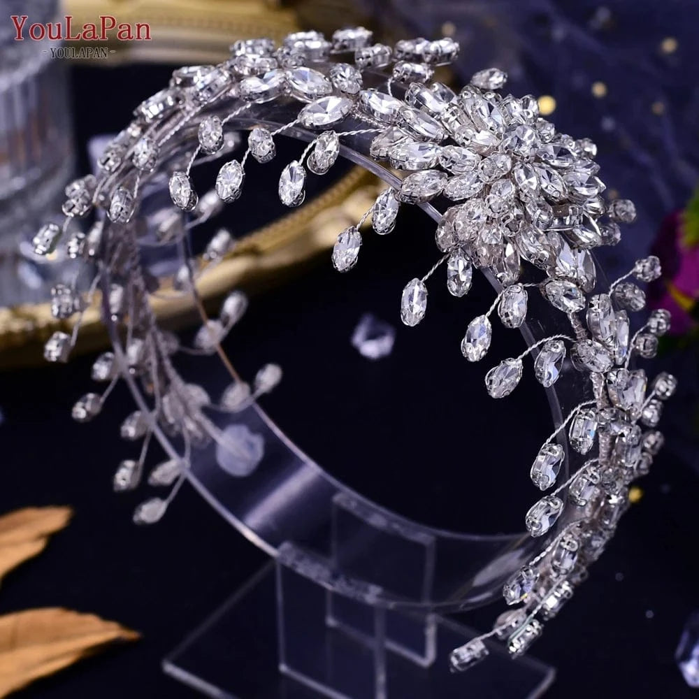 Silver Youlapan HP417 Fashion Rhinestone Flower Bridal Headdress Shiny Silver Party Wedding Headband Woman Headwear