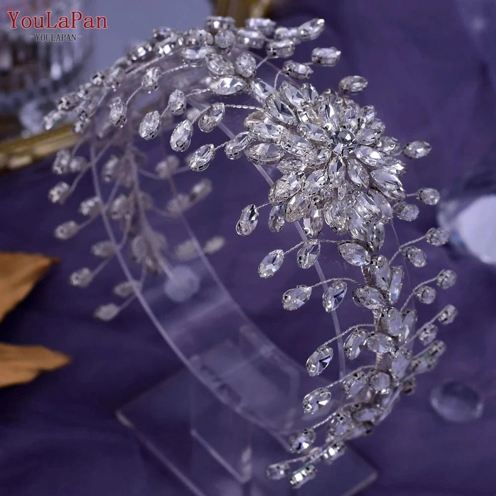 Silver Youlapan HP417 Fashion Rhinestone Flower Bridal Headdress Shiny Silver Party Wedding Headband Woman Headwear