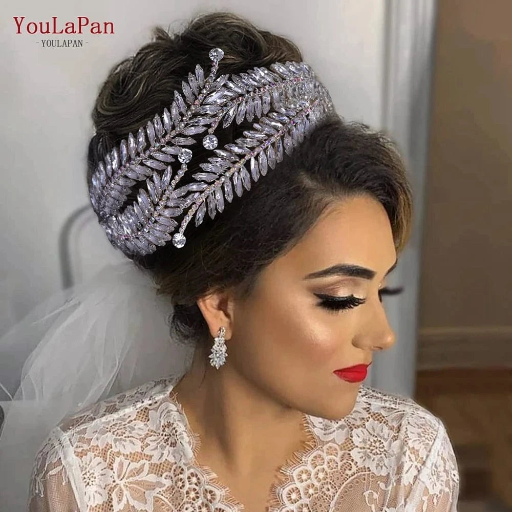 Silver Youlapan HP419 Special Design Women Hair Accessories Shiny Silver Color Rhinestone Feather Shape Headband Wedding Bridal Tiara