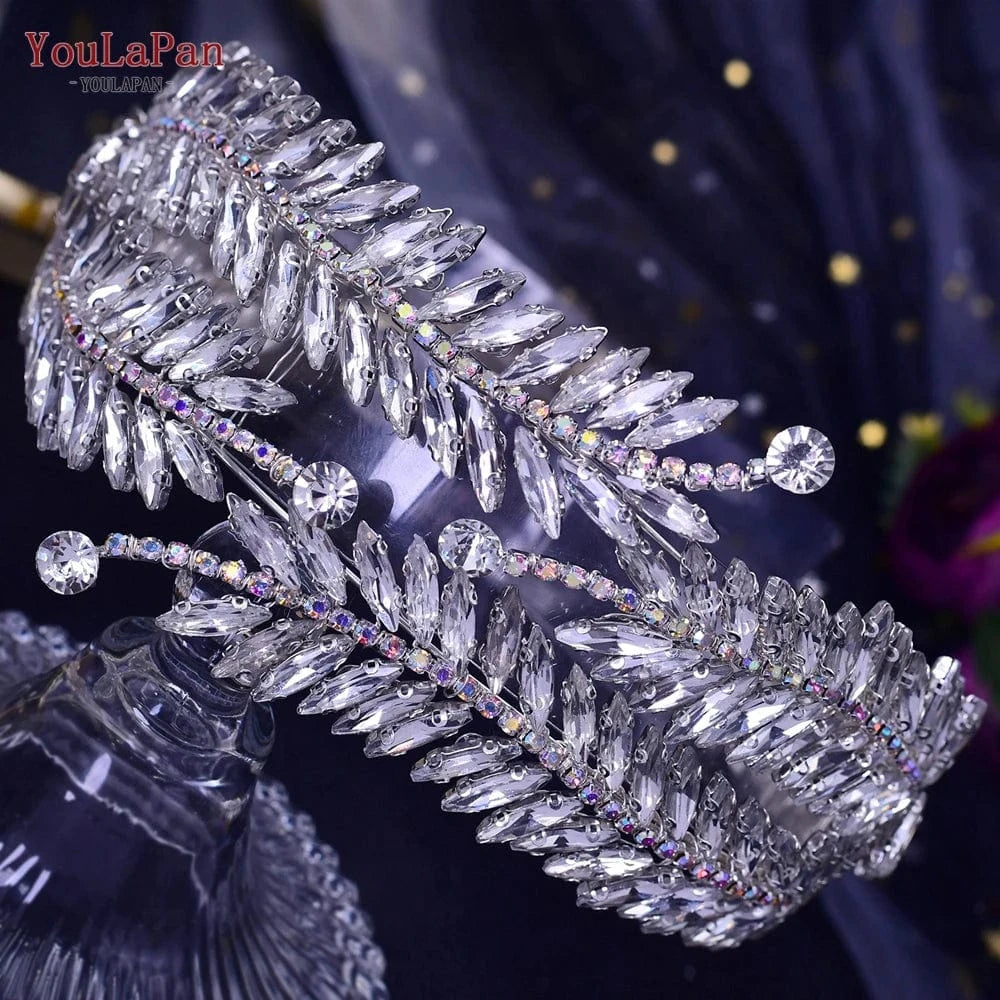 Silver Youlapan HP419 Special Design Women Hair Accessories Shiny Silver Color Rhinestone Feather Shape Headband Wedding Bridal Tiara