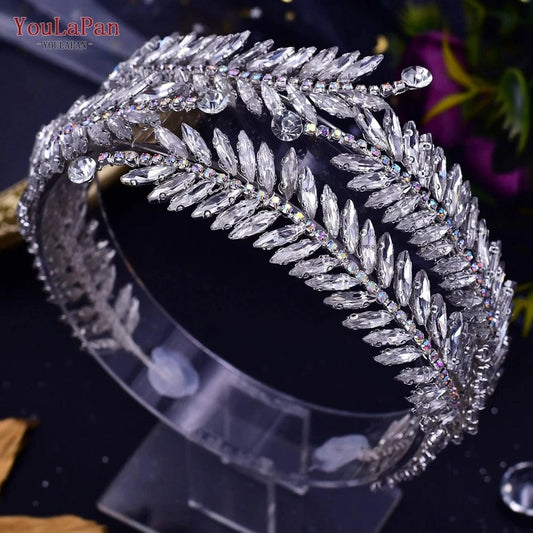 Silver Youlapan HP419 Special Design Women Hair Accessories Shiny Silver Color Rhinestone Feather Shape Headband Wedding Bridal Tiara