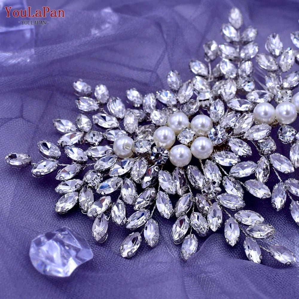 silver YouLaPan HP434 Delicate Woman Hair Accessories Silver Rhinestone Pearl Side Hairpiece with Hair Comb Bridal Wedding Headwear