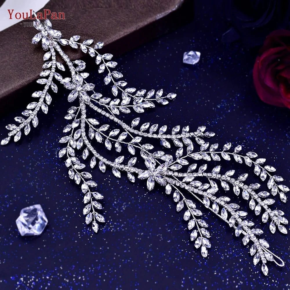 Silver Youlapan HP436 Fashion Party Ladies Hair Pieces Bridal Wedding Phoenix Tail Hair Accessories Rhinestone Side Soft Hairband