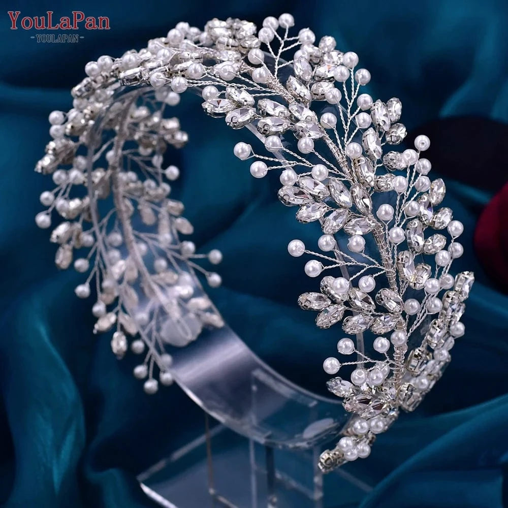 Silver YouLaPan HP446 Luxurious Rhinestone Pearl Headband Bridal Wedding Silver Jewelry Hair Accessories Women Pageant Headwear