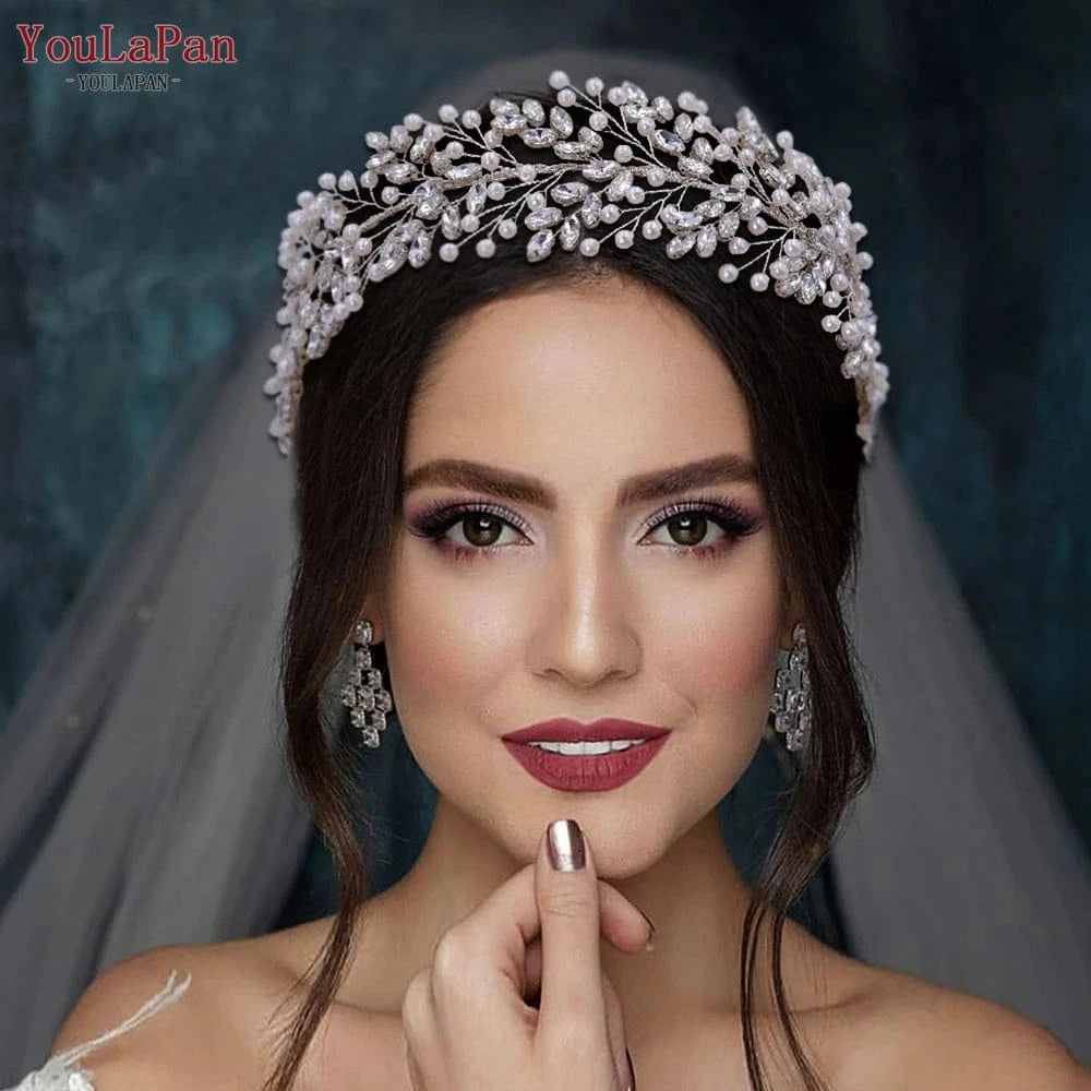 Silver YouLaPan HP446 Luxurious Rhinestone Pearl Headband Bridal Wedding Silver Jewelry Hair Accessories Women Pageant Headwear