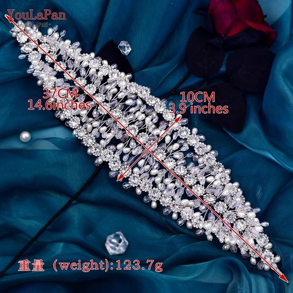 silver YouLaPan HP454 Luxurious Woman Pageant Wedding Headbands Silver Rhinestone Crystal Pearl Crown Bridal Custom Hair Pieces Tiara