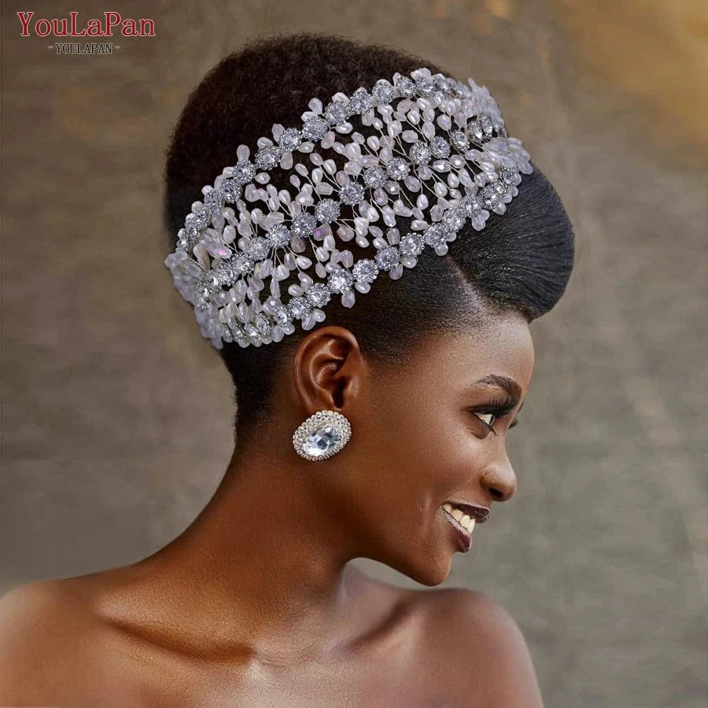 silver YouLaPan HP454 Luxurious Woman Pageant Wedding Headbands Silver Rhinestone Crystal Pearl Crown Bridal Custom Hair Pieces Tiara