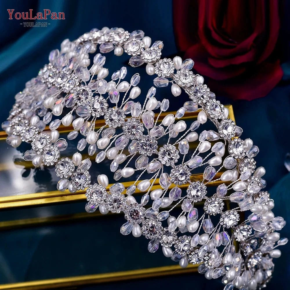 silver YouLaPan HP454 Luxurious Woman Pageant Wedding Headbands Silver Rhinestone Crystal Pearl Crown Bridal Custom Hair Pieces Tiara