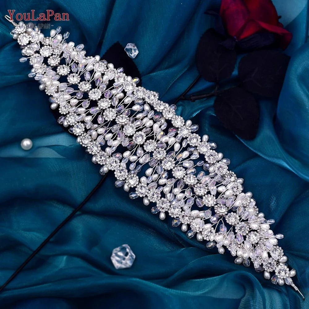 silver YouLaPan HP454 Luxurious Woman Pageant Wedding Headbands Silver Rhinestone Crystal Pearl Crown Bridal Custom Hair Pieces Tiara