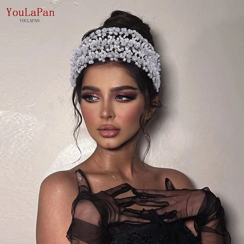 silver YouLaPan HP454 Luxurious Woman Pageant Wedding Headbands Silver Rhinestone Crystal Pearl Crown Bridal Custom Hair Pieces Tiara