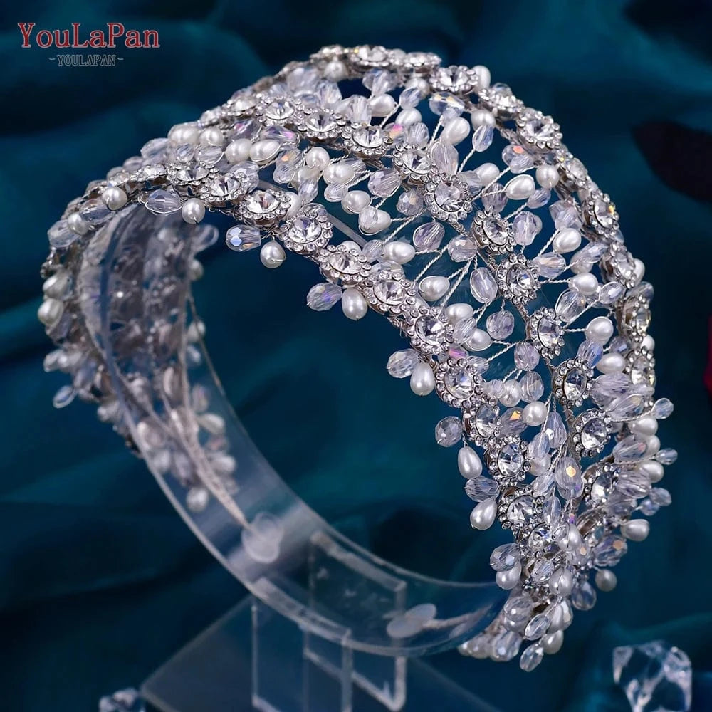 silver YouLaPan HP454 Luxurious Woman Pageant Wedding Headbands Silver Rhinestone Crystal Pearl Crown Bridal Custom Hair Pieces Tiara