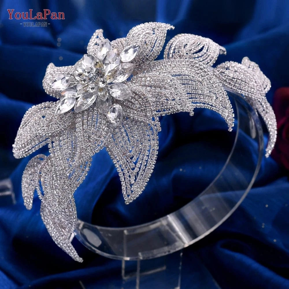 silver YouLaPan HP455 Shiny Women Party Pageant Headpiece Silver Rhinestone Wedding Accessories Alloy Leaves Bridal Tiara