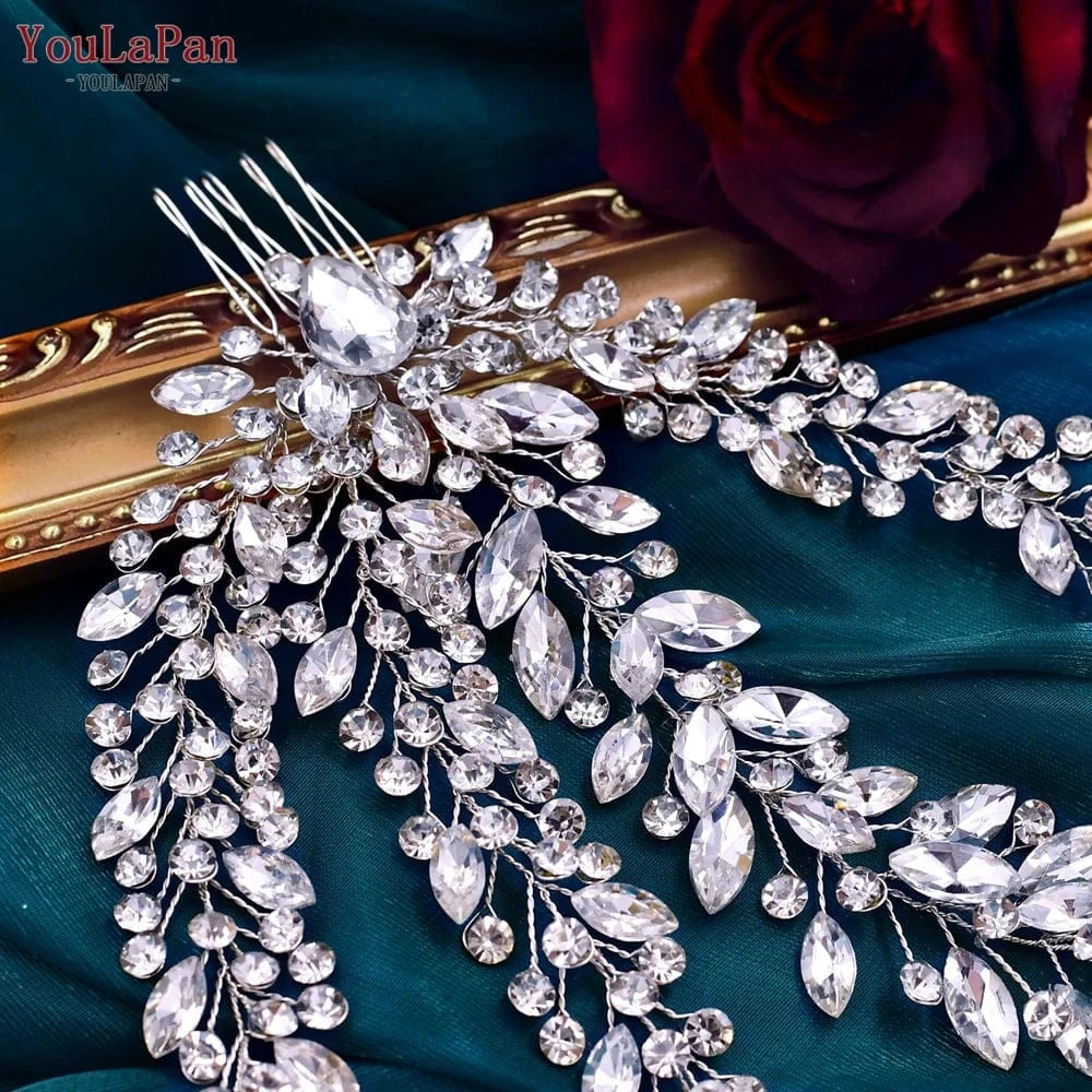 silver YouLaPan HP458 European And American Popular Women'S Hair Vine Long Tail Siver Rhinestones Hair Comb Bridal Wedding Headband