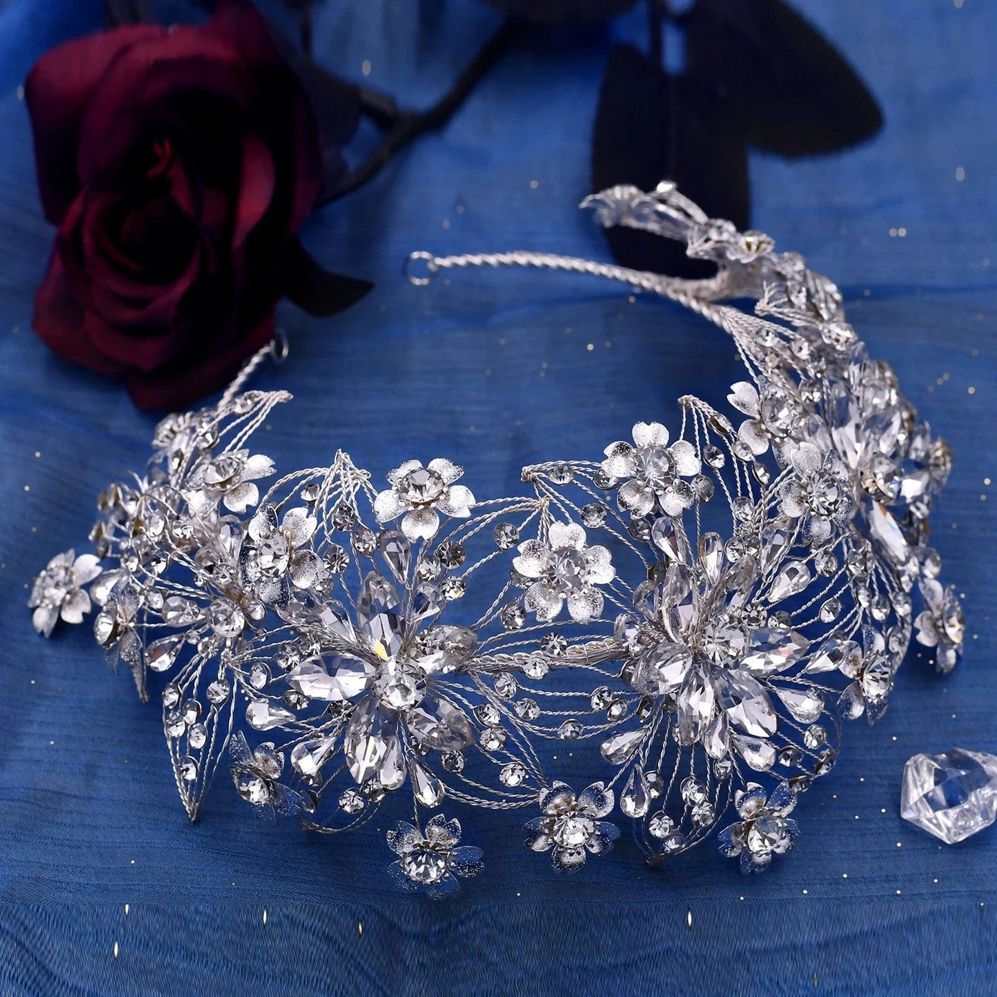 Silver YouLaPan HP459 2022 New Style Women Wedding Hair Accessories Silver Flower Rhinestones Headwear Pageant Bridal Big Headband
