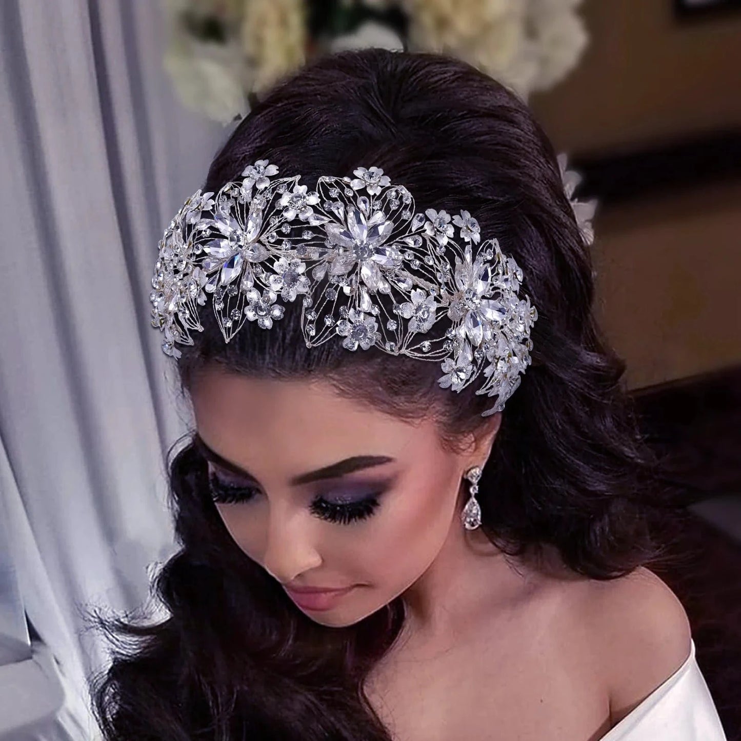 Silver YouLaPan HP459 2022 New Style Women Wedding Hair Accessories Silver Flower Rhinestones Headwear Pageant Bridal Big Headband