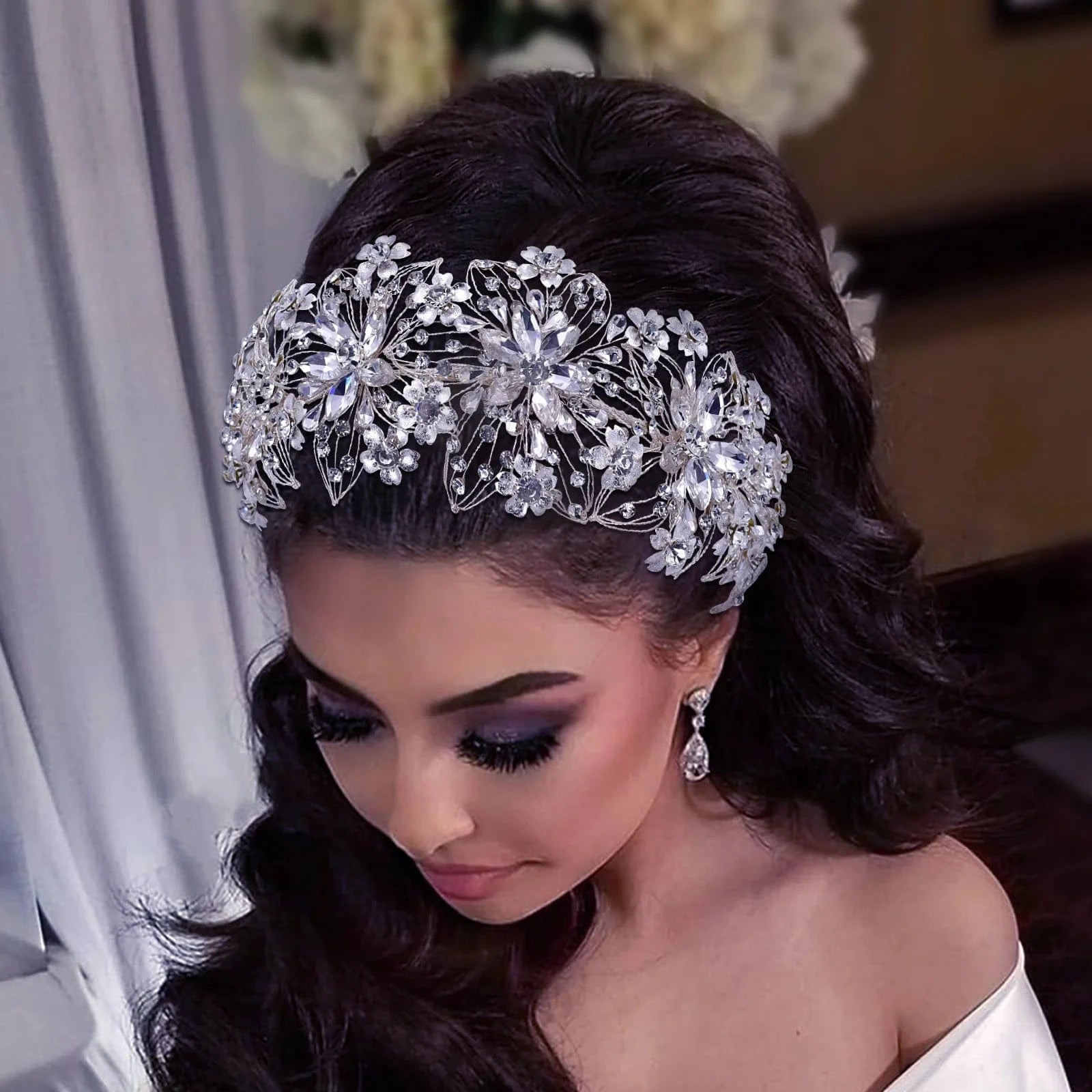 Silver YouLaPan HP459 2022 New Style Women Wedding Hair Accessories Silver Flower Rhinestones Headwear Pageant Bridal Big Headband