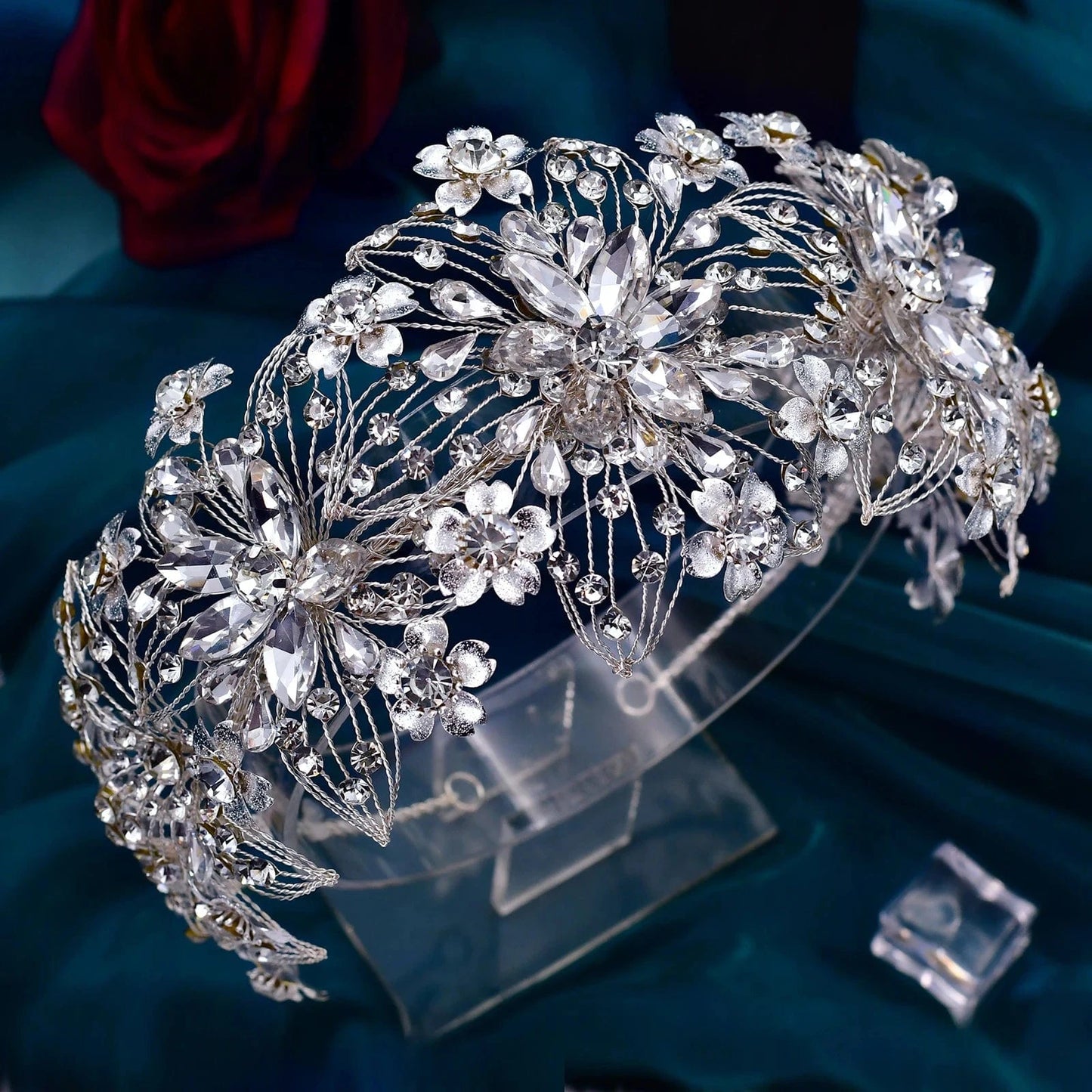 Silver YouLaPan HP459 2022 New Style Women Wedding Hair Accessories Silver Flower Rhinestones Headwear Pageant Bridal Big Headband