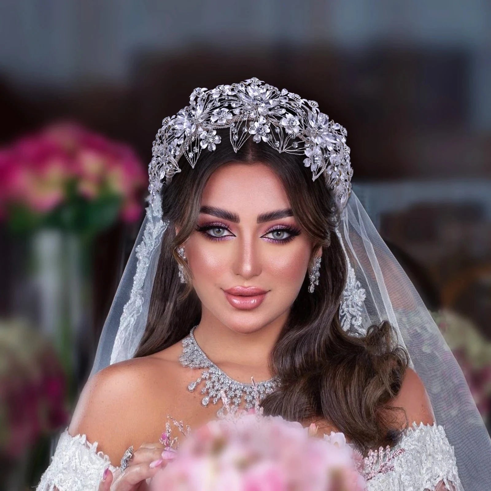 Silver YouLaPan HP459 2022 New Style Women Wedding Hair Accessories Silver Flower Rhinestones Headwear Pageant Bridal Big Headband