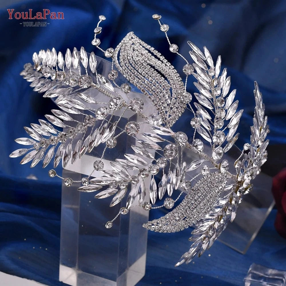 Silver Youlapan HP460 New Leaves Shape Silver Rhinestone Hair Piece Women Pageant Headwear Wedding Accessories Bridal Headband
