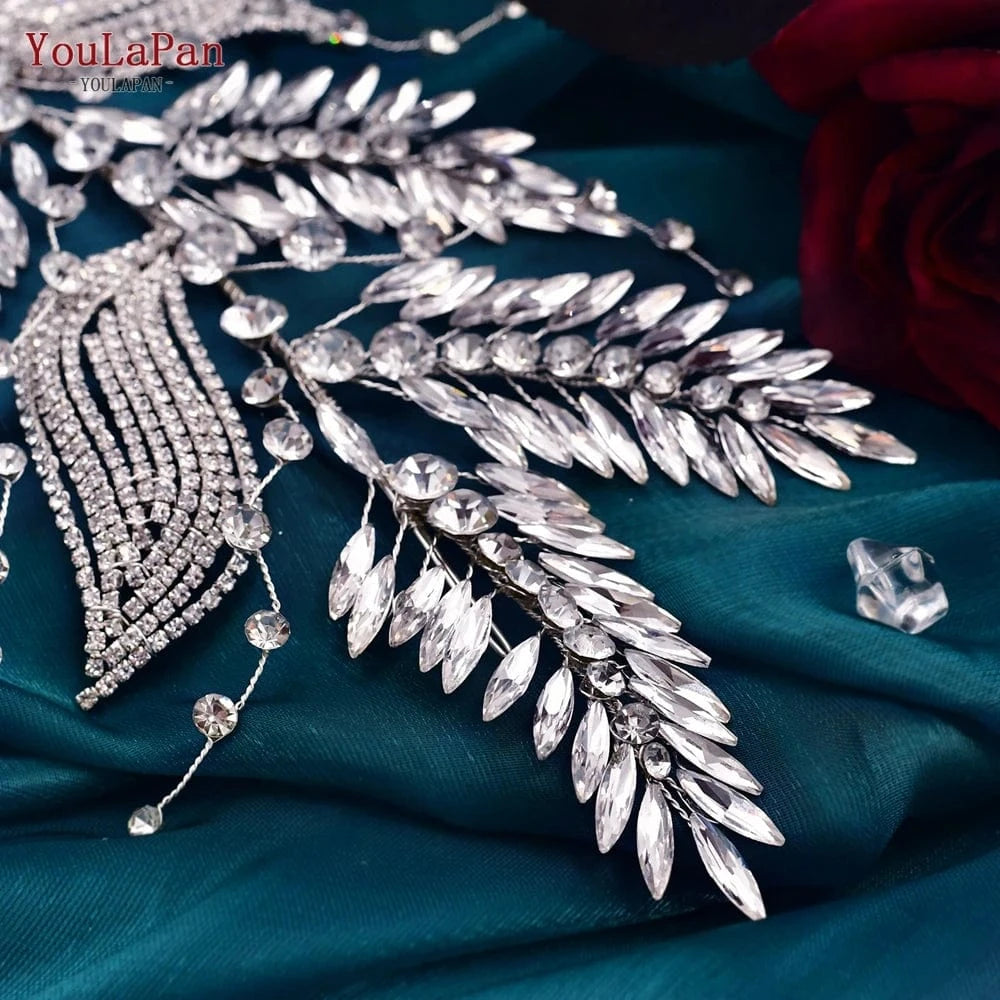 Silver Youlapan HP460 New Leaves Shape Silver Rhinestone Hair Piece Women Pageant Headwear Wedding Accessories Bridal Headband