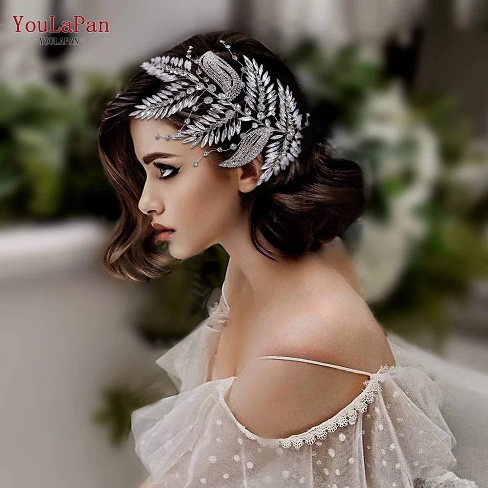 Silver Youlapan HP460 New Leaves Shape Silver Rhinestone Hair Piece Women Pageant Headwear Wedding Accessories Bridal Headband