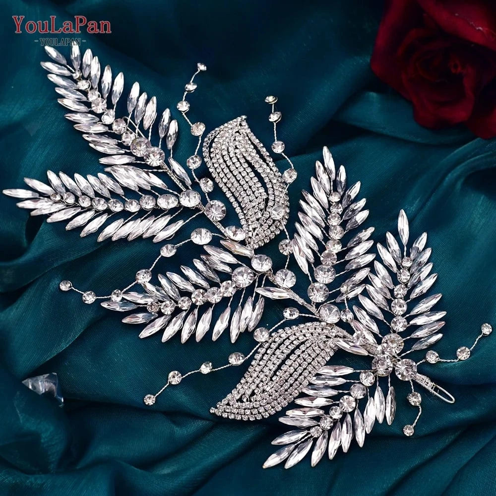 Silver Youlapan HP460 New Leaves Shape Silver Rhinestone Hair Piece Women Pageant Headwear Wedding Accessories Bridal Headband