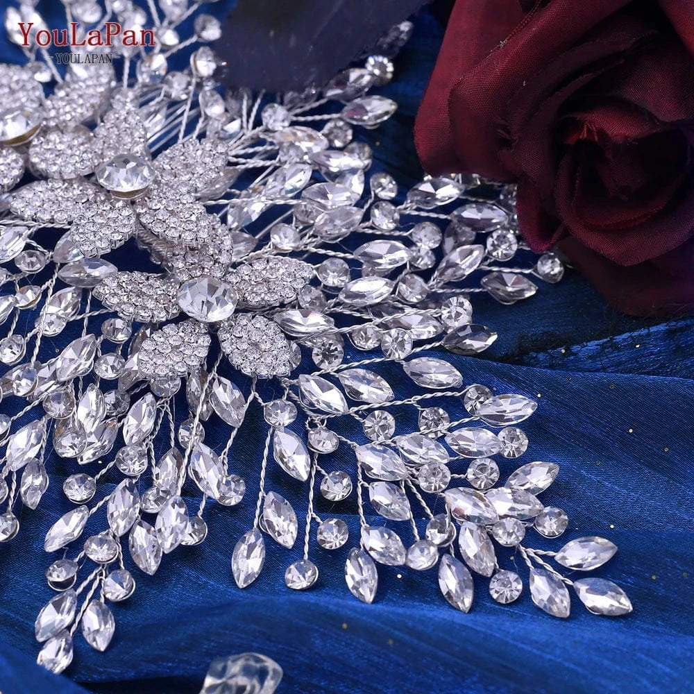 Silver YouLaPan HP462 Luxurious Woman Hair Piece Shiny Silver Rhinestone Handmade Hair Accessories Bridal Wedding Party Large Hair Com