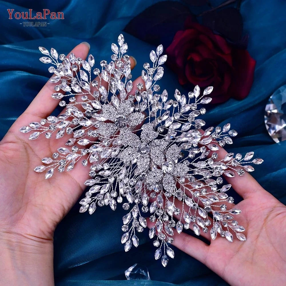 Silver YouLaPan HP462 Luxurious Woman Hair Piece Shiny Silver Rhinestone Handmade Hair Accessories Bridal Wedding Party Large Hair Com