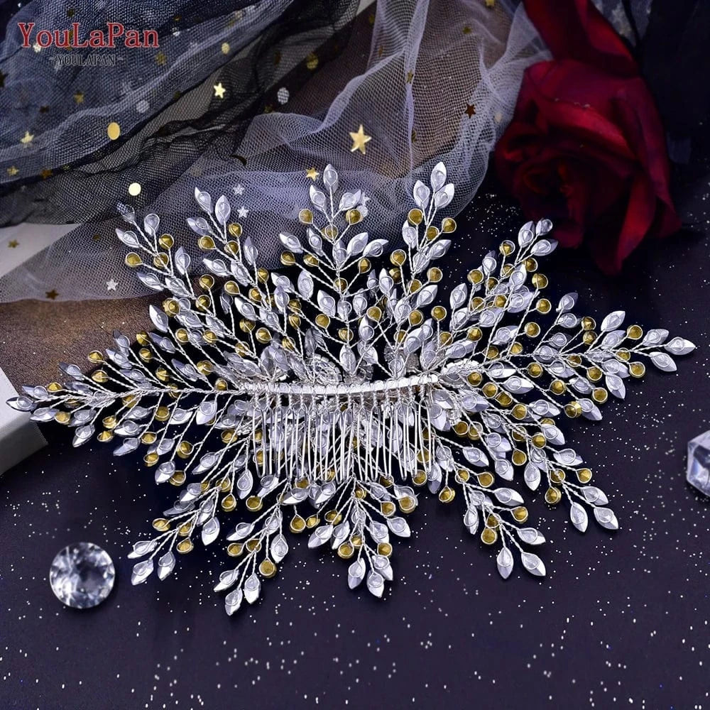 Silver YouLaPan HP462 Luxurious Woman Hair Piece Shiny Silver Rhinestone Handmade Hair Accessories Bridal Wedding Party Large Hair Com