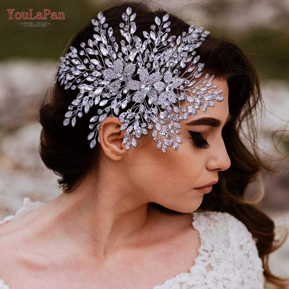 Silver YouLaPan HP462 Luxurious Woman Hair Piece Shiny Silver Rhinestone Handmade Hair Accessories Bridal Wedding Party Large Hair Com
