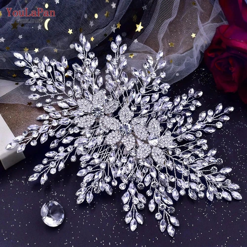 Silver YouLaPan HP462 Luxurious Woman Hair Piece Shiny Silver Rhinestone Handmade Hair Accessories Bridal Wedding Party Large Hair Com