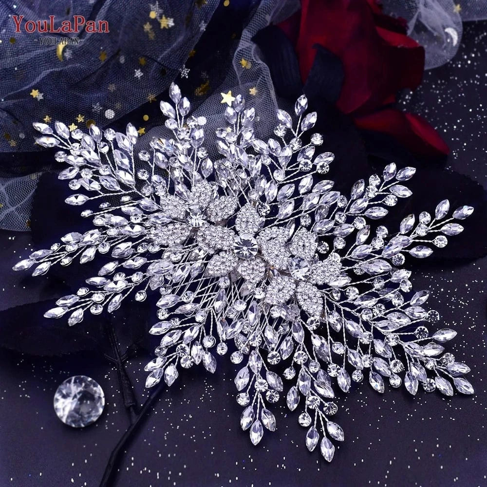 Silver YouLaPan HP462 Luxurious Woman Hair Piece Shiny Silver Rhinestone Handmade Hair Accessories Bridal Wedding Party Large Hair Com